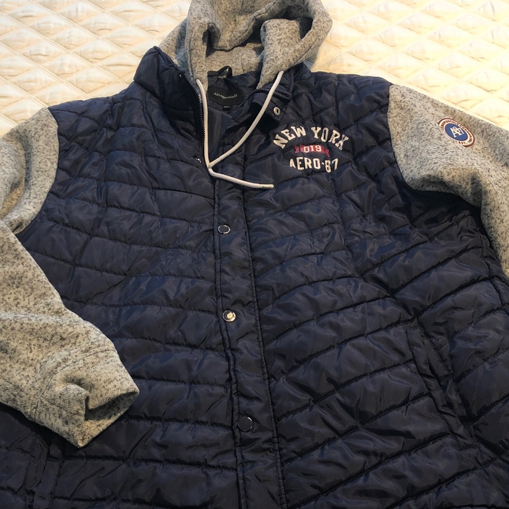 Aeropostale Puffer Jacket Coat Blue Gray Adult Unisex 3XL Hooded Zip Up & Snaps